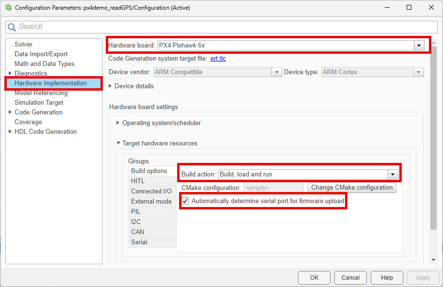 Configuration parameter of the px4demo_readGPS model, with the Build options tab selected.