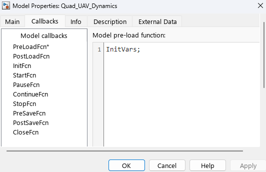 Callbacks tab of model properties. PreLoadFcn is set to InitVars.