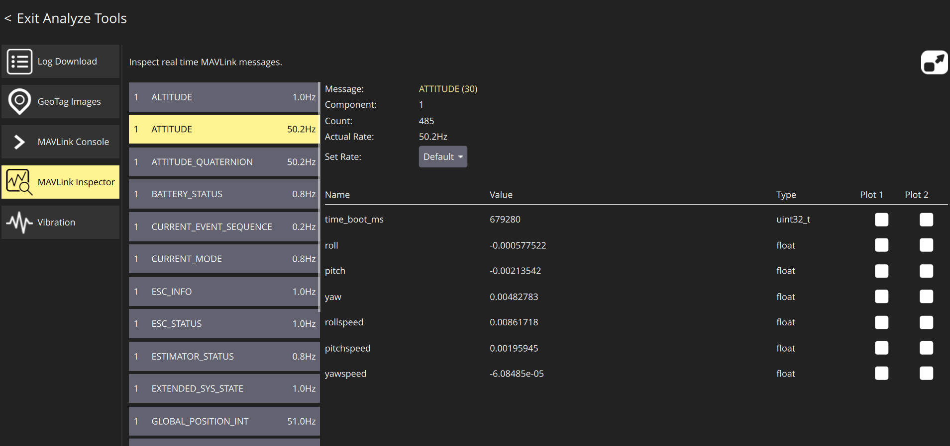 MAVLink Inspector showing the update rates of numerous MAVLink messages. ATTITUDE, ATTITUDE_QUATERNION, and GLOBAL_POSITION_INT show update rates of better than 50 Hz.