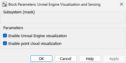 Block Parameters dialog with checkboxes to enable Unreal Engine visualization and point cloud visualization