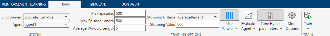 Train tab with Stopping Criteria set to AverageReward and Tune Hyperparameters enabled