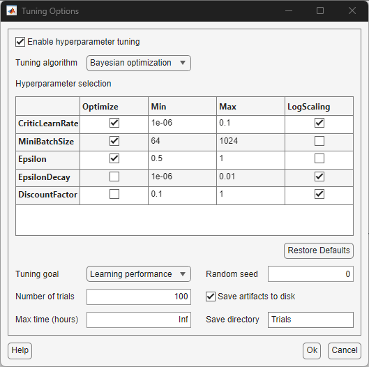 Tuning options dialog for Bayesian optimization.