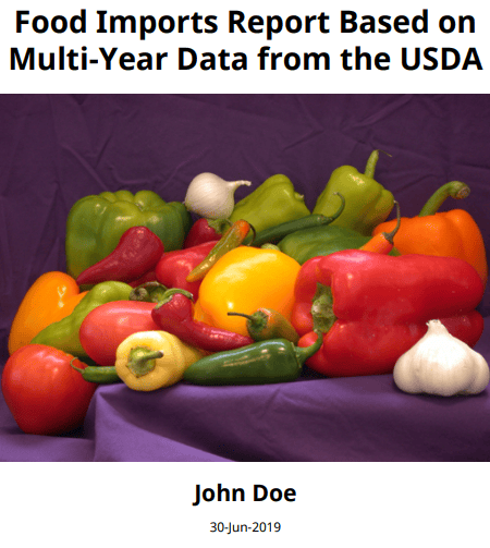 A variety of colorful vegetables including bell peppers, chili peppers, and garlic arranged on a purple surface. The text above reads "Food Imports Report Based on Multi-Year Data from the USDA" with the author's name and date below.