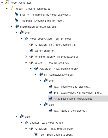 Outline in left pane showing the then, Text, Eval, and Array-Based Table components under the if component.