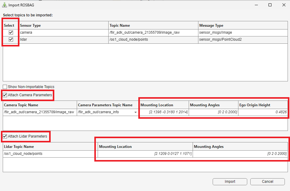 Import ROSBAG dialog box with camera and lidar topics selected, and additional sensor parameters specified.