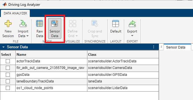 Toggle between the Raw Data and Sensor Data modes in the app toolstrip to display data from the Raw Data pane and Sensor Data pane, respectively.