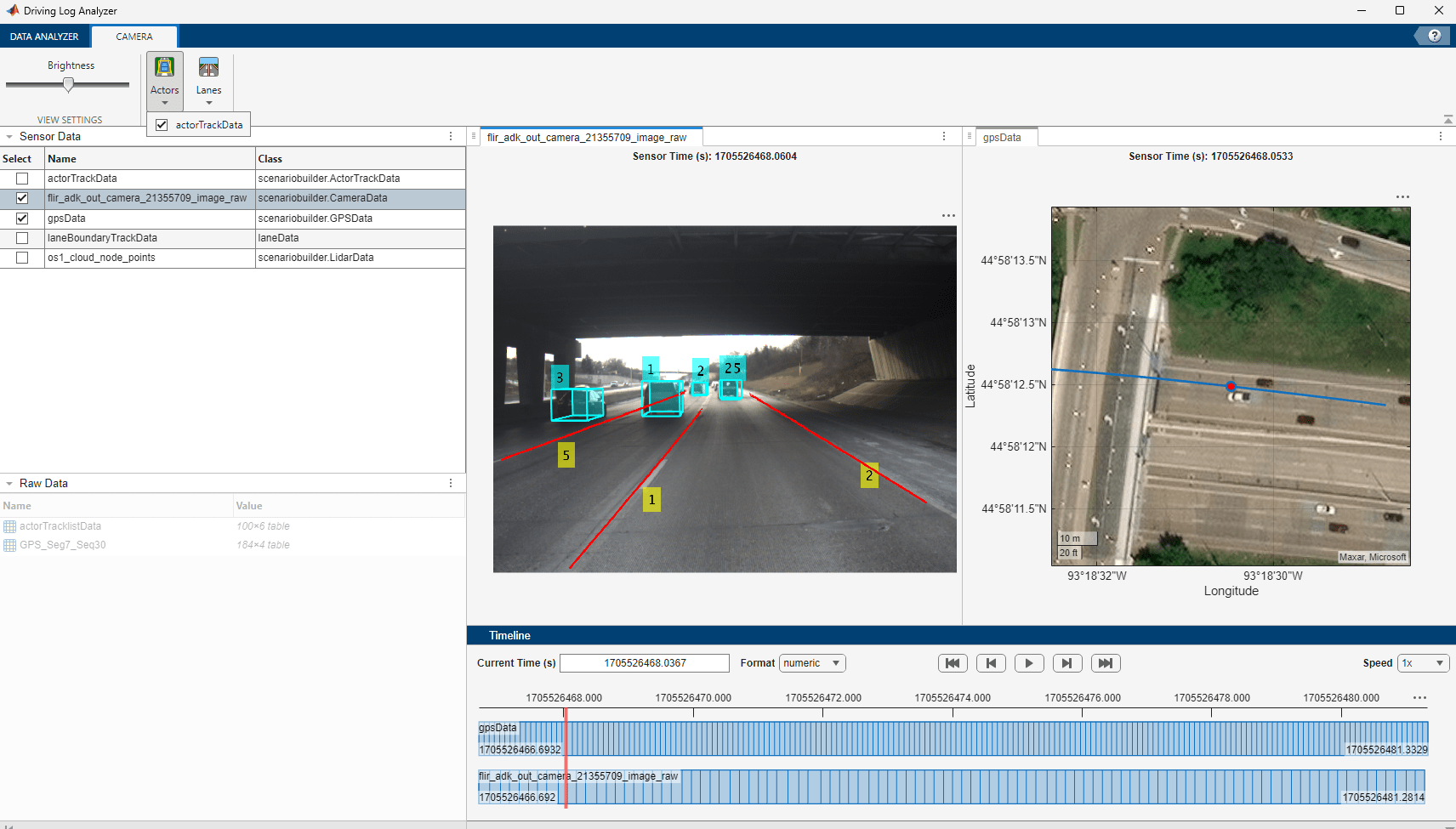 Simulation snapshot of the imported sensor data objects in the Driving Log Analyzer app.