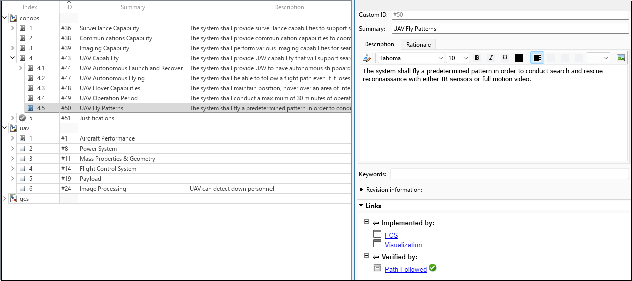 A requirement verified by a test case, as seen in the Requirements Editor