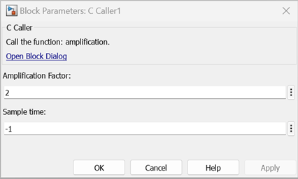 The mask for C Caller block shows the amplification factor as a parameter with value 2.