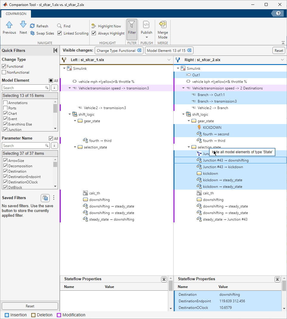 Stateflow가 포함된 Simulink 모델을 비교하고 병합하기