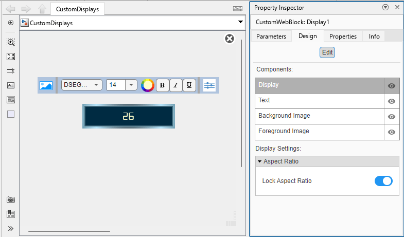 Display block in design mode with the Design tab of the Property Inspector open