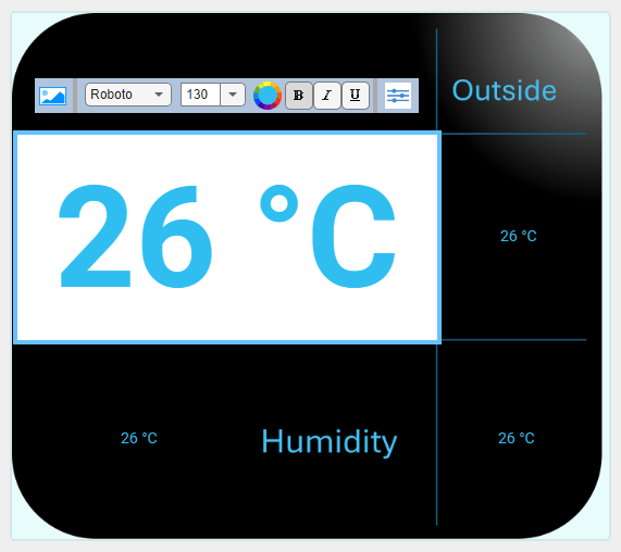 Panel with the Display block in the upper left cell in design mode, the font size set to 130, and the displayed text in bold