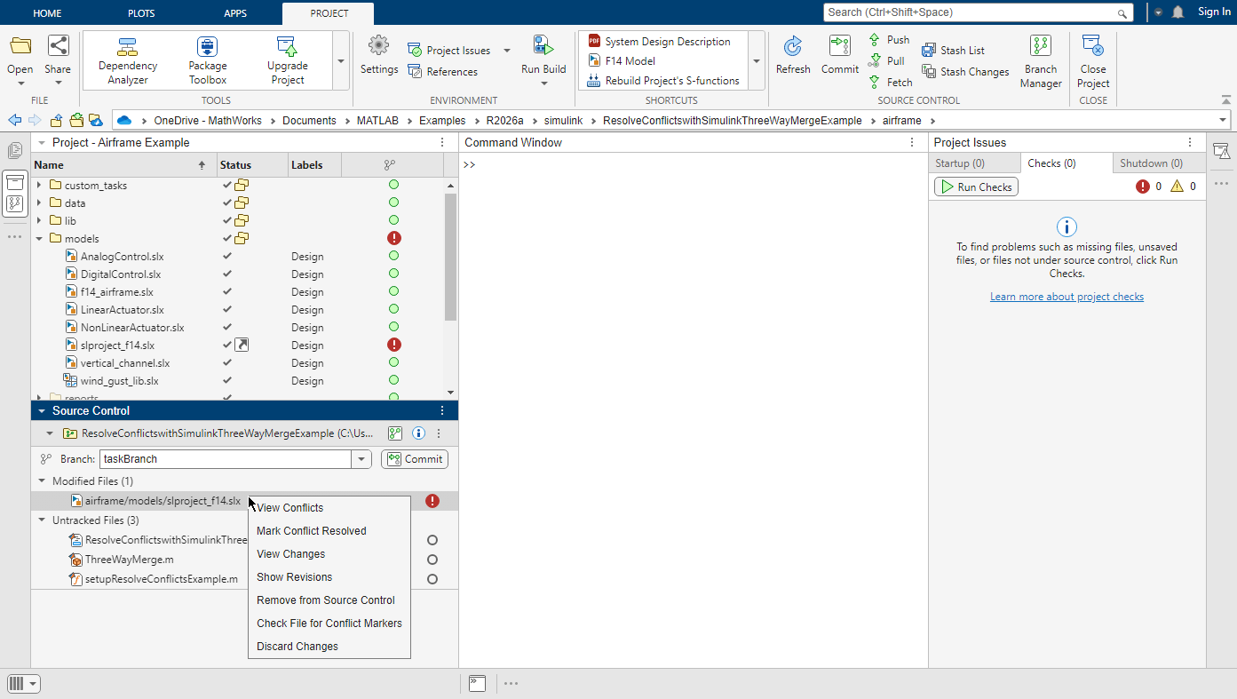 The MATLAB desktop shows the Project and Source Control panel with the project open on the left, the Project toolstrip on top, the Command Window in the middle, and the Project Issues panel on the right. The Source Control panel shows one conflicted file with a context menu. The mouse pointer points to the View Conflicts option.