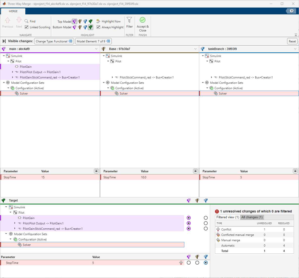 Three-Way Merge tool show a toolstrip on top, three panes (main, base, and taskBranch) in the middle, and the Target pane and the summary table on the bottom.