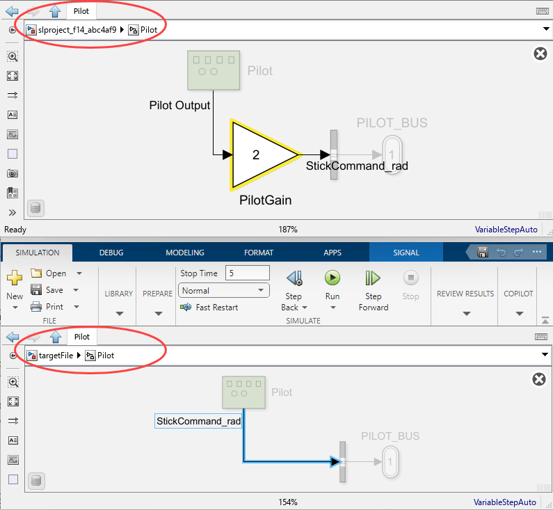 The model on the main branch with the PilotGain block highlighted on top and the targetFile with no PilotGain block below.