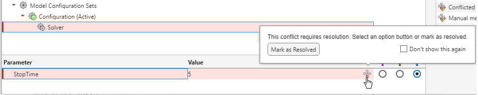Conflict icon and a popout with a tip and a Mark as Resolved button