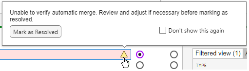 Warning icon and a popout with a tip and a Mark as Resolved button