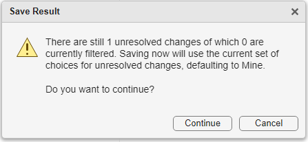 Save Result dialog box with Continue and Cancel buttons.