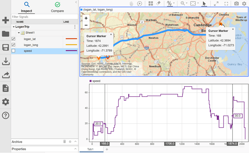 Two subplots are displayed in a single tab in the Simulation Data Inspector. The top subplot shows a map of the Greater Boston area with a route. The bottom subplot shows the vehicle speed signal for that route and data cursor makers are shown.