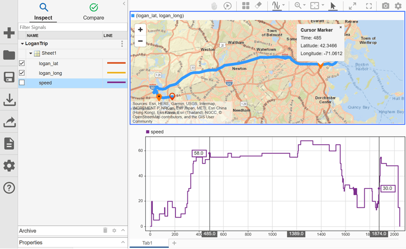 Two subplots are displayed in a single tab in the Simulation Data Inspector. The top subplot shows a map of the Greater Boston area with a route. The bottom subplot shows the vehicle speed signal for that route and data cursor makers are shown.