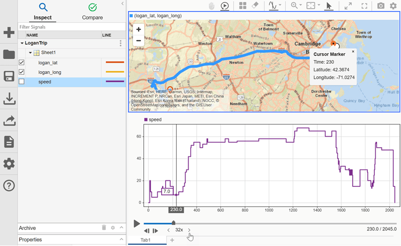 The Simulation Data Inspector displays two subplots in a single tab. The top subplot shows a route on a map of the Greater Boston area, and the bottom subplot shows the corresponding speed signal. The data Replay bar appears below the plots.