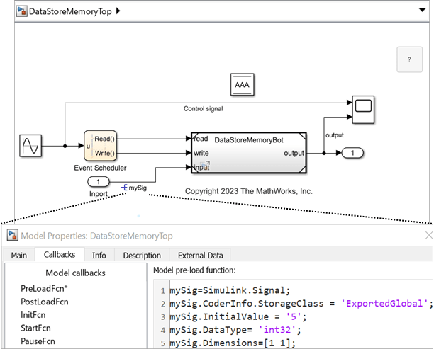 The DataStoreMemoryTop model shows its Model Properties dialog box open to the Callbacks tab