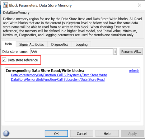 The Data Store Memory Block Parameters dialog box shows the Data store reference option selected