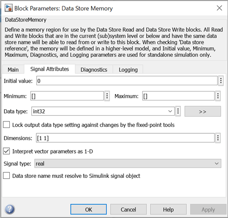 The Data Store Memory Block Parameters dialog box is open to the Signal Attributes tab