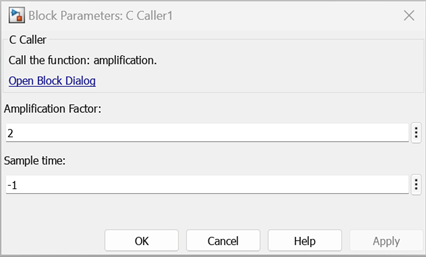 The mask for C Caller block shows the amplification factor as a parameter with value 2.