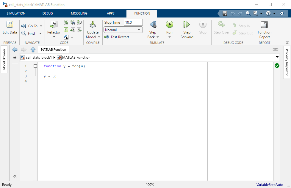 This image shows the MATLAB Function Block Editor after it has been opened from the call_stats_block1 model. It includes a default function.