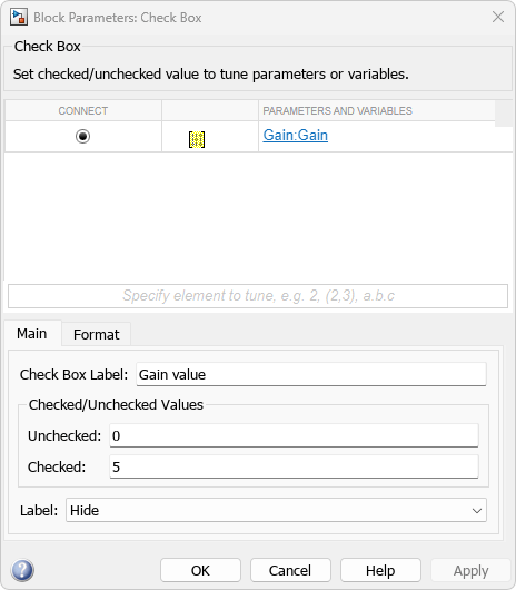 The Block Parameters dialog box for the Check Box button.