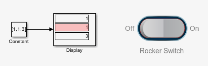 The Rocker Switch block is used to change the value of the second element in the row vector to 1.