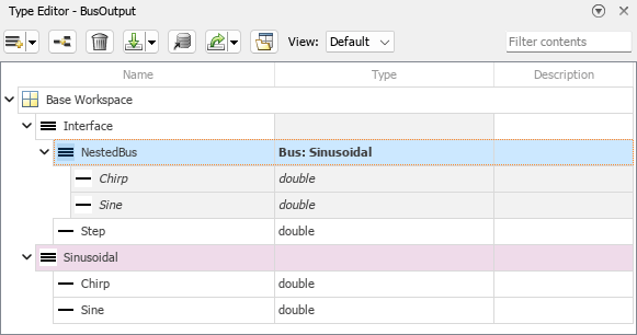 Type Editor with bus object hierarchy in base workspace