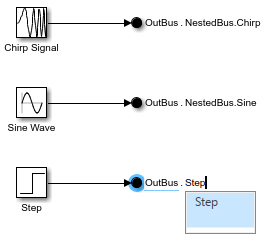 Out Bus Element blocks labeled OutBus.NestedBus.Chirp, OutBus.NestedBus.Sine, and OutBus.Step with cursor after Step