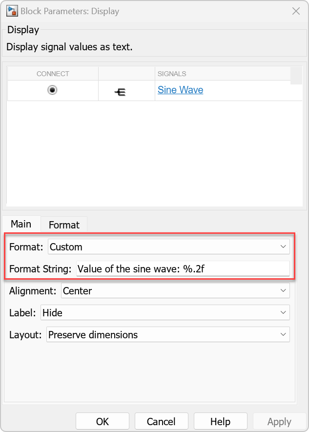 Block Parameters dialog box for the Display block. The Format parameter is set to Custom. The Format String text box contains text and a format operator: Value of the sine wave: %.2f.