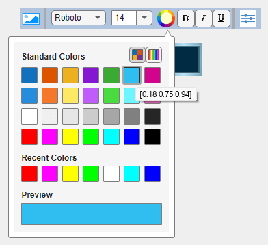 The Display block is in design mode. In the toolbar above the block, the Set Color button is pressed, and the blue color is selected.