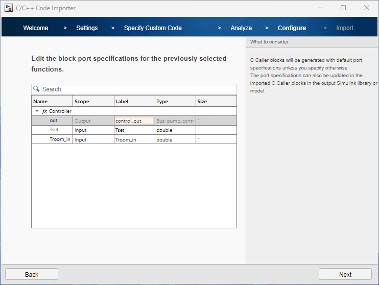 C Caller block port specifications.