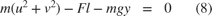 $$&#10;\begin{array}{rclccr}&#10;m(u^2 + v^2) -Fl-mgy&#38;=&#38;0&#38;&#38;(8)&#10;\end{array}&#10;$$