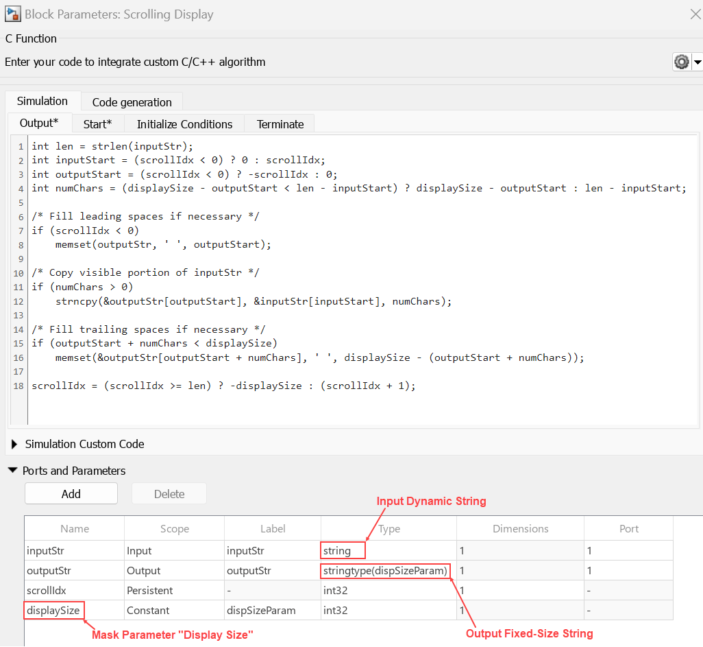 Output code, port and parameter settings for the C Function block that outputs scrolling display.