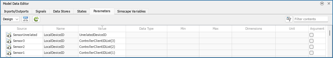 Sources named Sensor1, Sensor2, and Sensor3 use the LocalDeviceID parameter object and have values of ControllerClientIDList(1), ControllerClientIDList(2), and ControllerClientIDList(3), respectively.