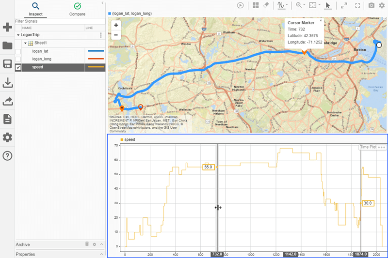 Moving the data cursor causes the corresponding map marker to change position.