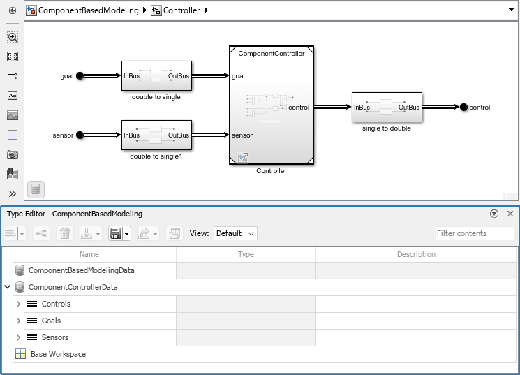 Controller subsystem block diagram and the docked Type Editor