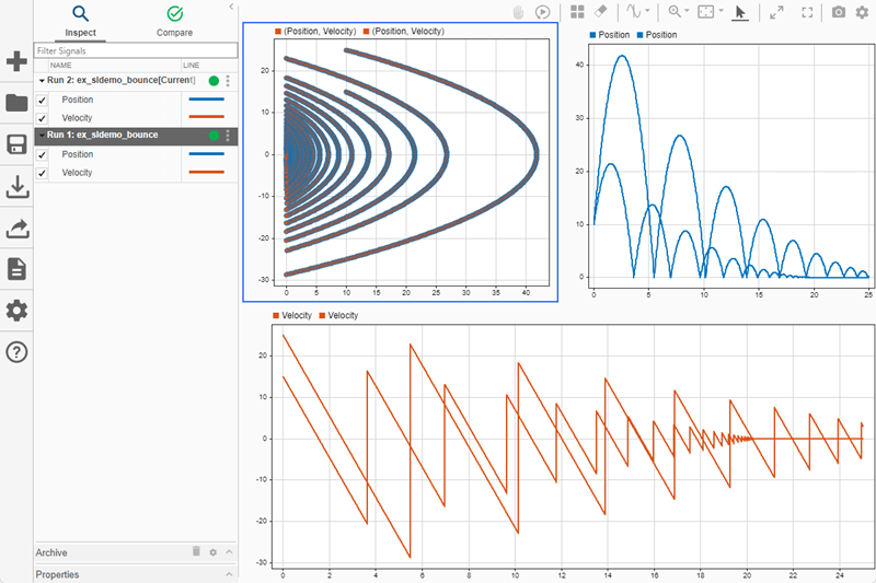 Signals from two runs plotted in the Simulation Data Inspector.