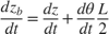 $$ \frac{d z_b}{dt} = \frac{d z}{dt} + \frac{d \theta}{dt} \frac{L}{2} $$