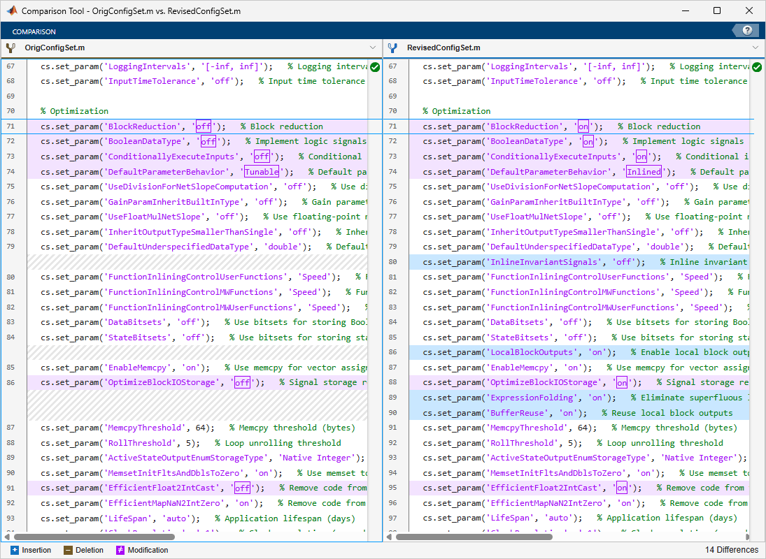 Comparison tool showing the Optimization section differences.