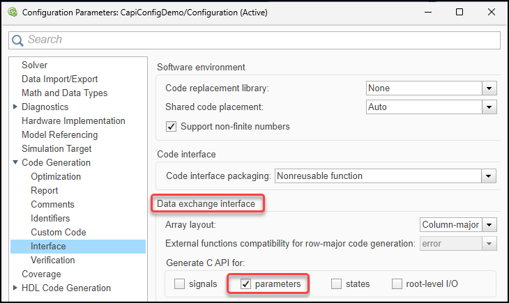 Configuration Parameters dialog box. The Code Generation > Interface pane is open. In the Generate C API for section, the parameters box is selected.