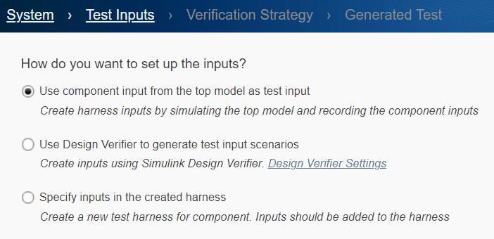 Test Inputs tab with Use component input from top model as test input selected.