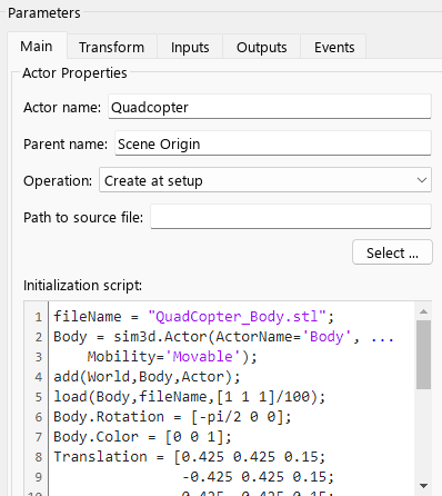 The block parameter dialog box of the Simulation 3D Actor block shows parameters and the initialization script.