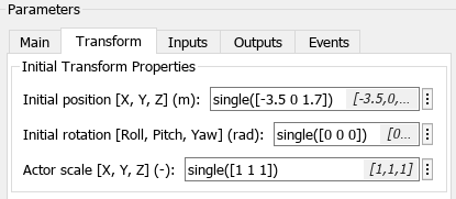 Parameters of Simulation 3D Actor block that shows the transform tab with initial position, rotation, and scale.