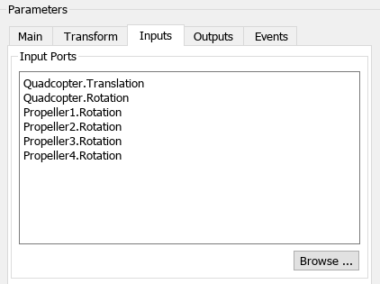 Parameters of Simulation 3D Actor block that shows the input tab with the input ports.